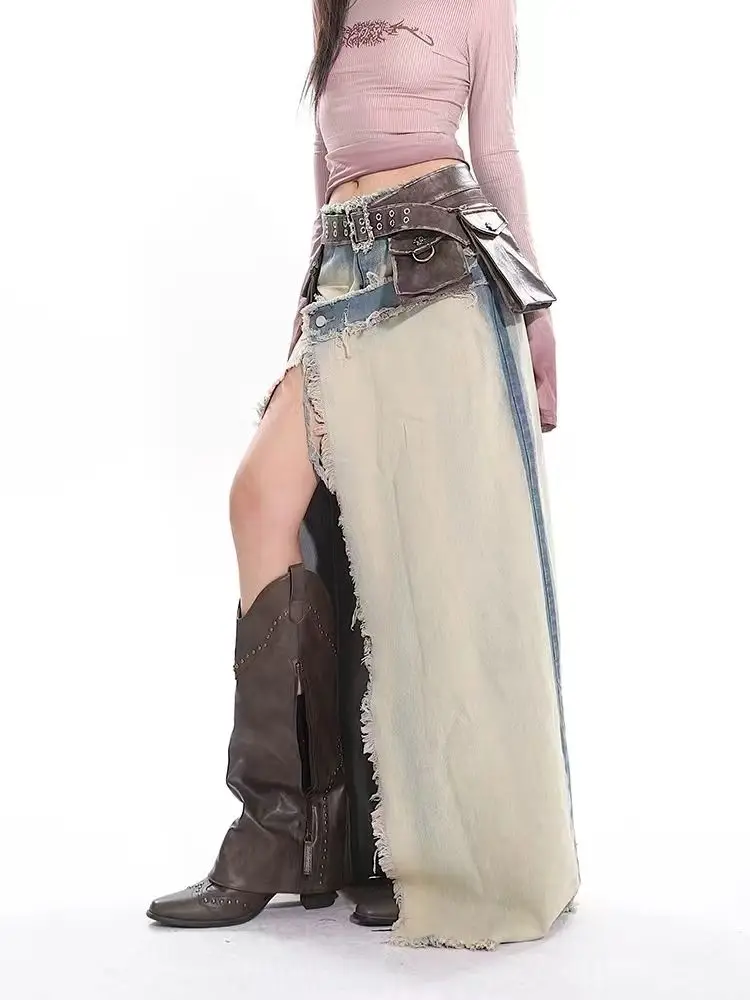 Denim Split Skirt Distressed Gradient Raw Edge For Women Bag Buttocks Slimming Long Skirts American Retro Spicy Girl Long Skirt