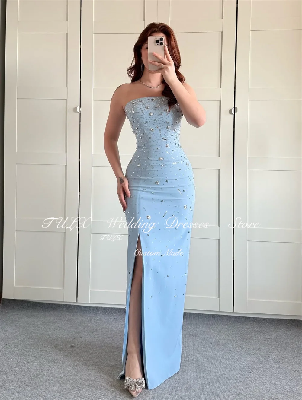 TULX luxe perlé rose bleu robe de soirée sans bretelles sans manches robe de soirée pour les femmes sirène longue robe d'événement formel personnalisé