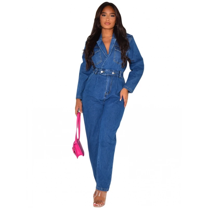 

Women Denim Solid Color Jumpsuits For Spring Long Sleeve Bodysuits Fashion Streetwear Overalls Pencil Pants Trousers 2024 Spring