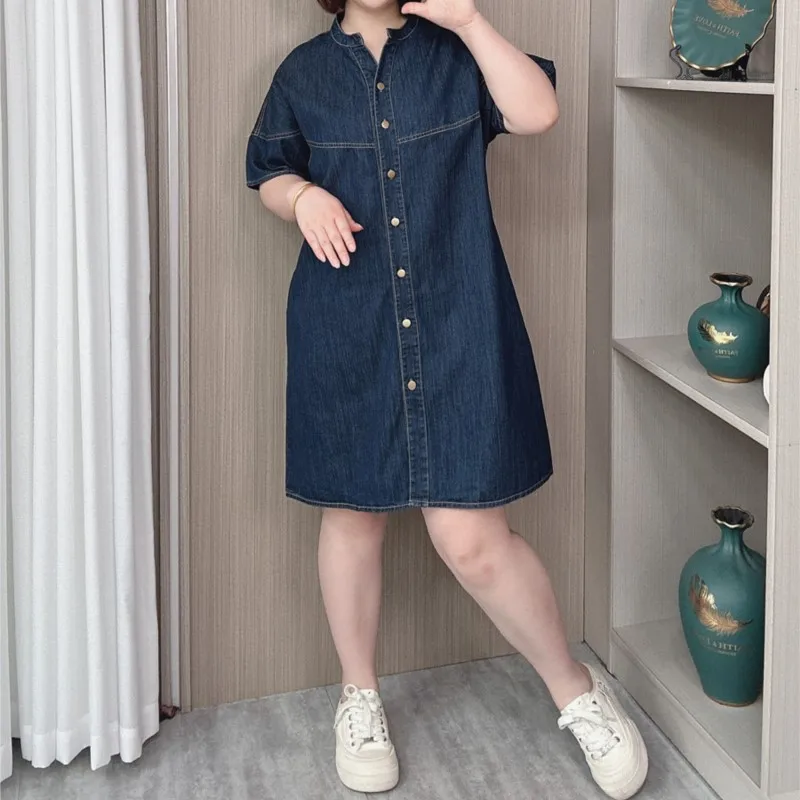 Abito in Denim Lyocell a maniche corte donna Plus Size estate 2024 nuovo vestito sottile con scollo a v allentato Casual