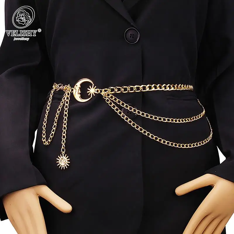 

Women Waist Chain Belt for Dress Skirt Belts with Moon Star Body Waistbands Gold Silver Fashion Ladies Chain Cloth Accessories