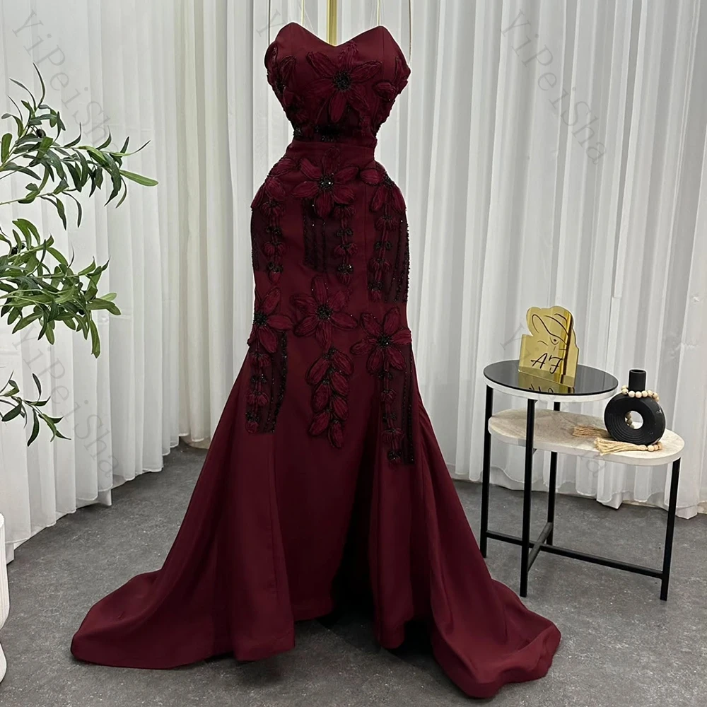 

Customized Mermaid Evening Dresses Floor-length Strapless Sleeveless Prom Gown Fashion Flowers Simple Draped Backless Party Gown