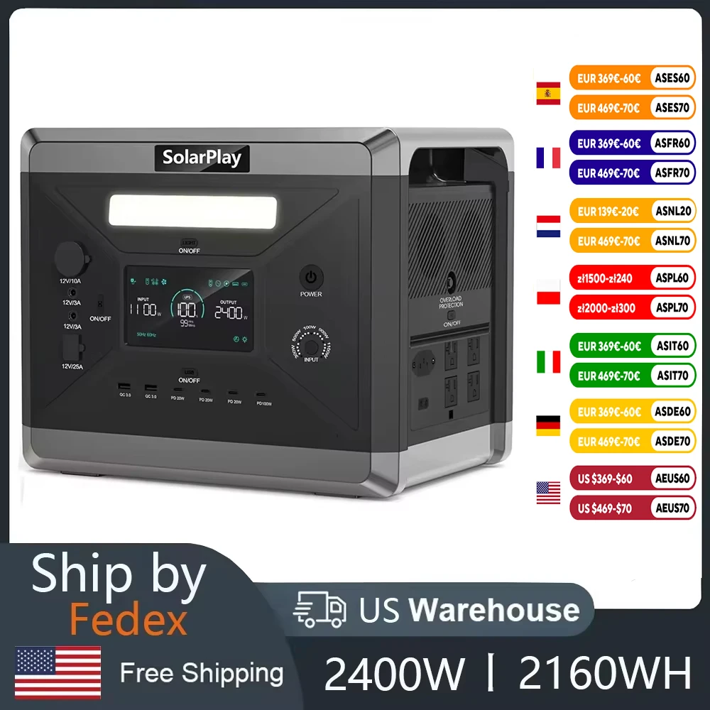 SOLARPLAY Portable Power Station 2400W 2160WH LiFePO4 Emergency Backup High-power Power Supply For Outdoor Camping RV Outage