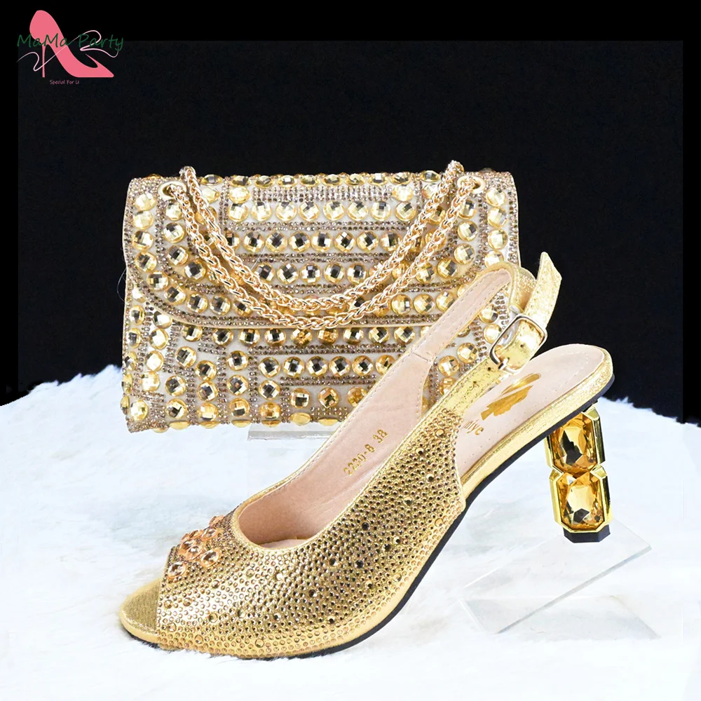 2024 Spring Summer High Quality New Coming Italian Design Shoes and Bag Set in Gold Color with Crystal for Dress