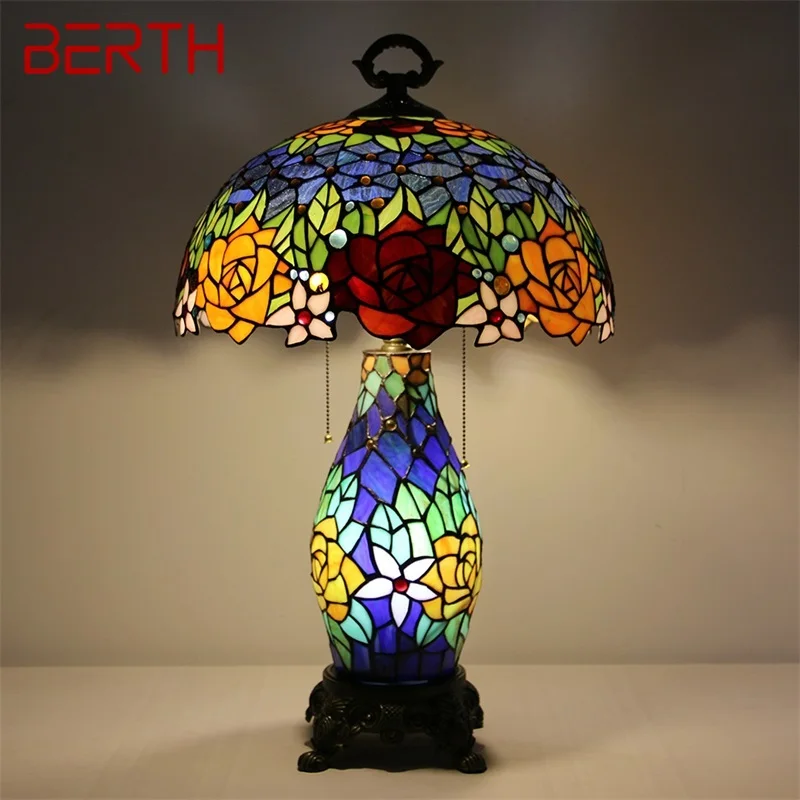 BERTH Tiffany Glass Table Lamp LED Modern Creative Rose Flower Desk Light  Decor For Home Living Room Bedroom Bedside