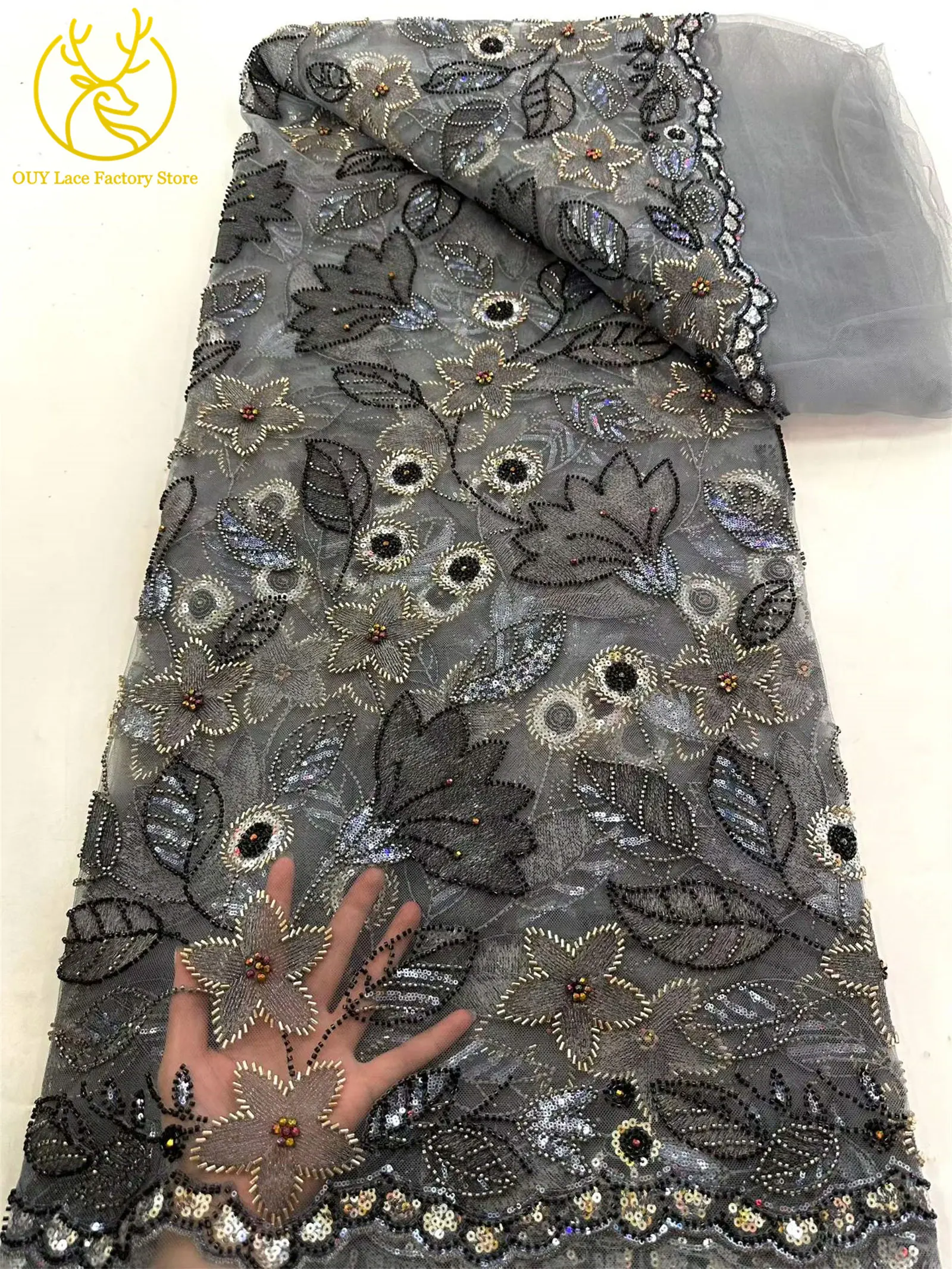 Neuer Stil: Brautkleid-Spitzenstoff mit Perlenstickerei 2026, Silberner Tüll mit Pailletten, Afrikanischer Netzstoff für Hochzeits- und Abendkleider zum Nähen – Detail 14