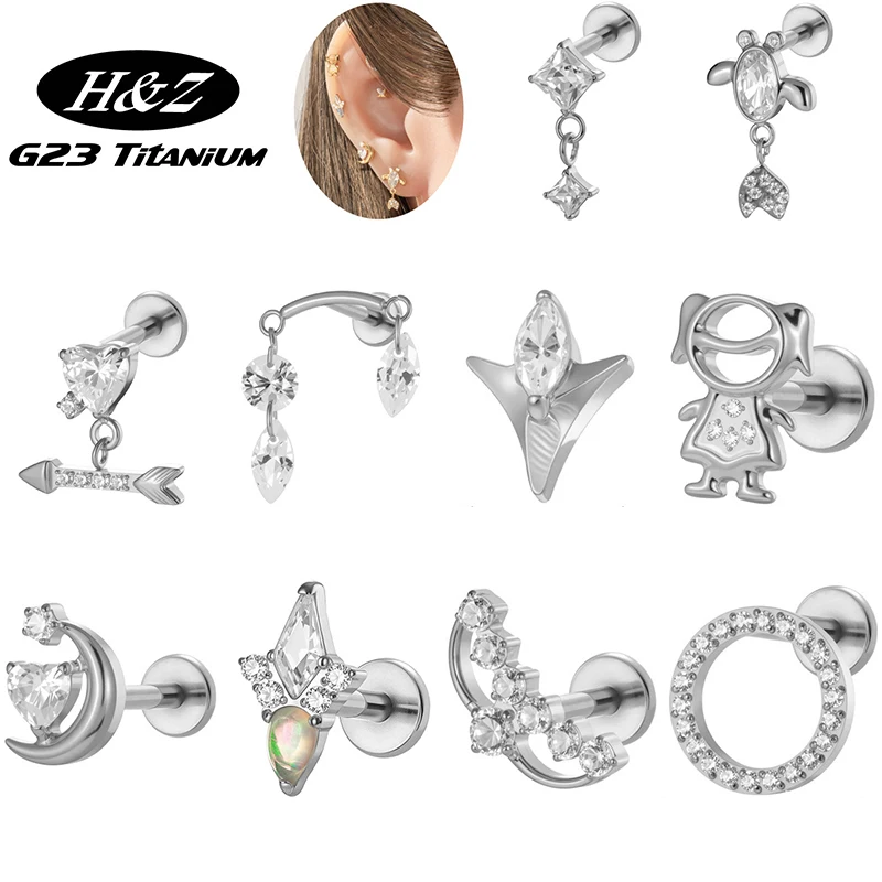 2PC G23 Titanium Labret Ear Studs Internal Thread Flatback Zircon Fishbone Moon Pendant Lip Stud Tragus Lobe Piercing Jewelry