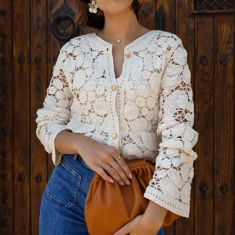 

Elegant O-neck Hollowed Out Knitted 2025 Women Casual Long Sleeve Solid Color Cardigan Shirt Fashion Single Breasted Loose Tops