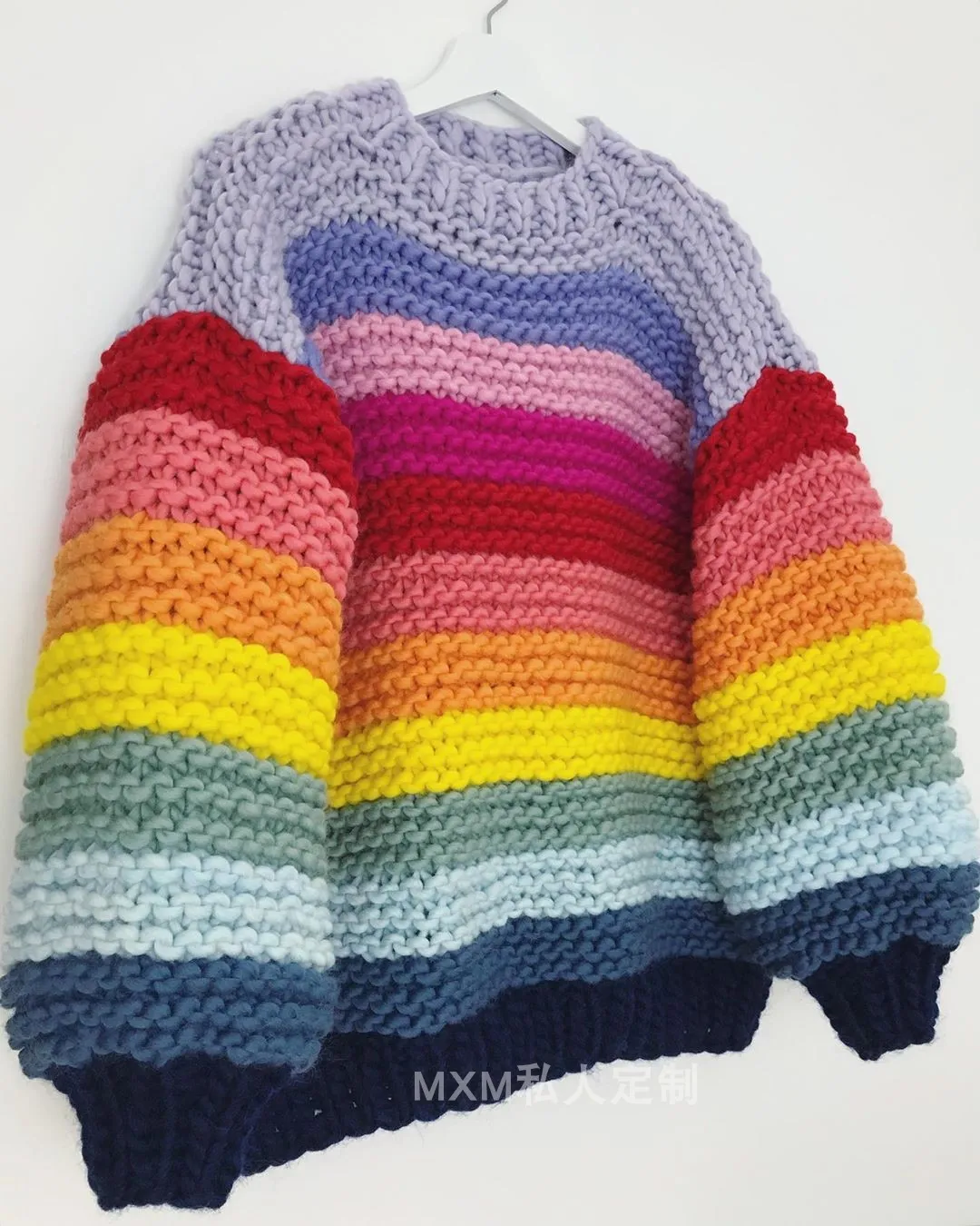 New Women's Lazy Loose Pure Wool Sweater Rainbow Color Thick Wool Pullover Handmade Sweater Top Knitted Women's Wear Thickened