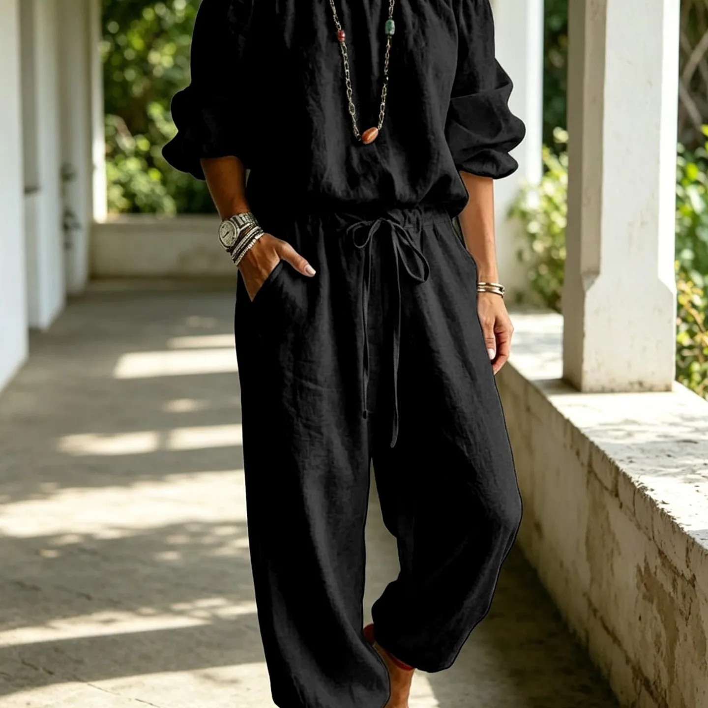 Women's Off Shoulder Jumpsuit with Drawstring Waist and Ankle Cuff Solid Color Regular Sleeve Mid Waist Rompers for Woman
