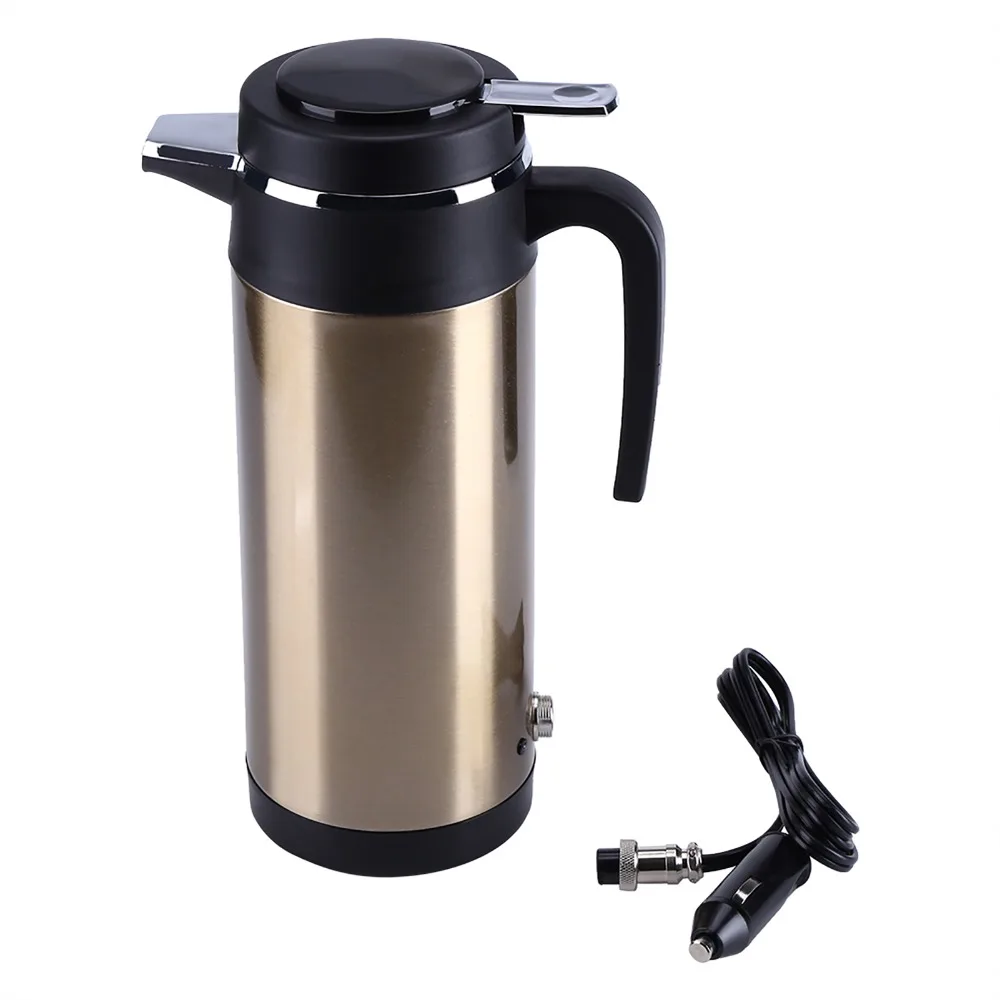 Rustless Steel Electric Kettle 12V Cylindrical Heating Water Pot Automatic Power Off Sealed Anti-leak Lid Hot Water Container