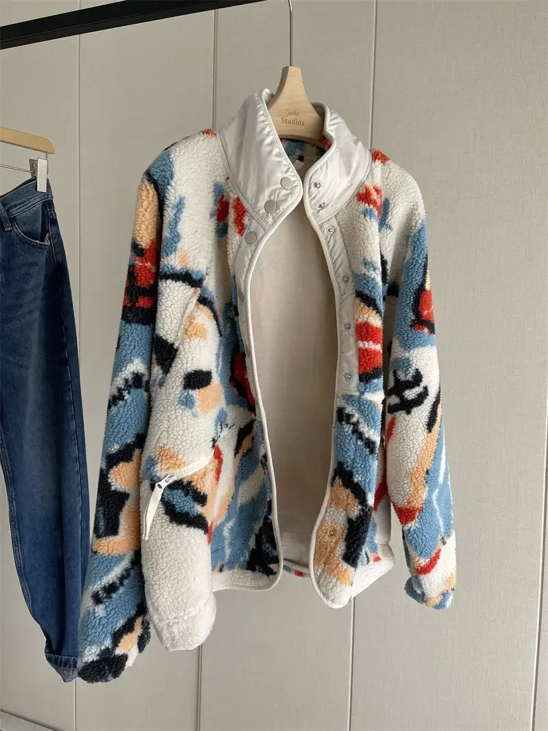 Design Age-Reducing Camouflage Jacquard Thickened Warm Polar Fleece Stand-up Collar Cardigan Coat Female 2023 Autumn Winter Coat