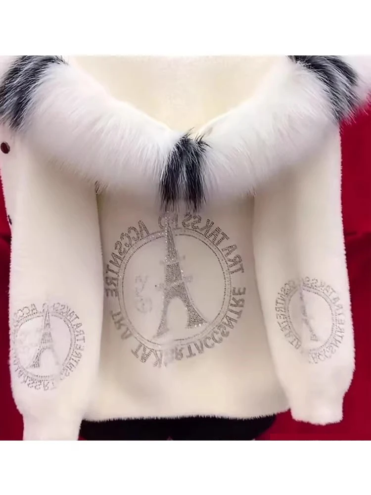 Autumn And Winter New Warm Solid Color Thick Hooded Imitation Mink Fur Coat With Rhinestone And Fur Collar Women's Top Cardigan