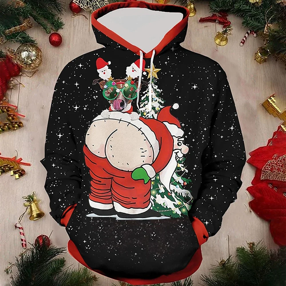 Boutique Funny Santa Claus Cartoon Printed Hoodie Men Badminton Blazer Men Autumn Simple Clothing Men Winter Warm Casual Hoodie