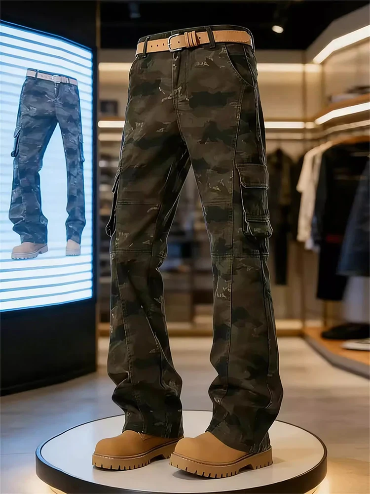 

American Retro Camouflage Work Pants Men's Cleanfit High Waist Lift Trousers Slimming Straight Leg Micro Flared Pants