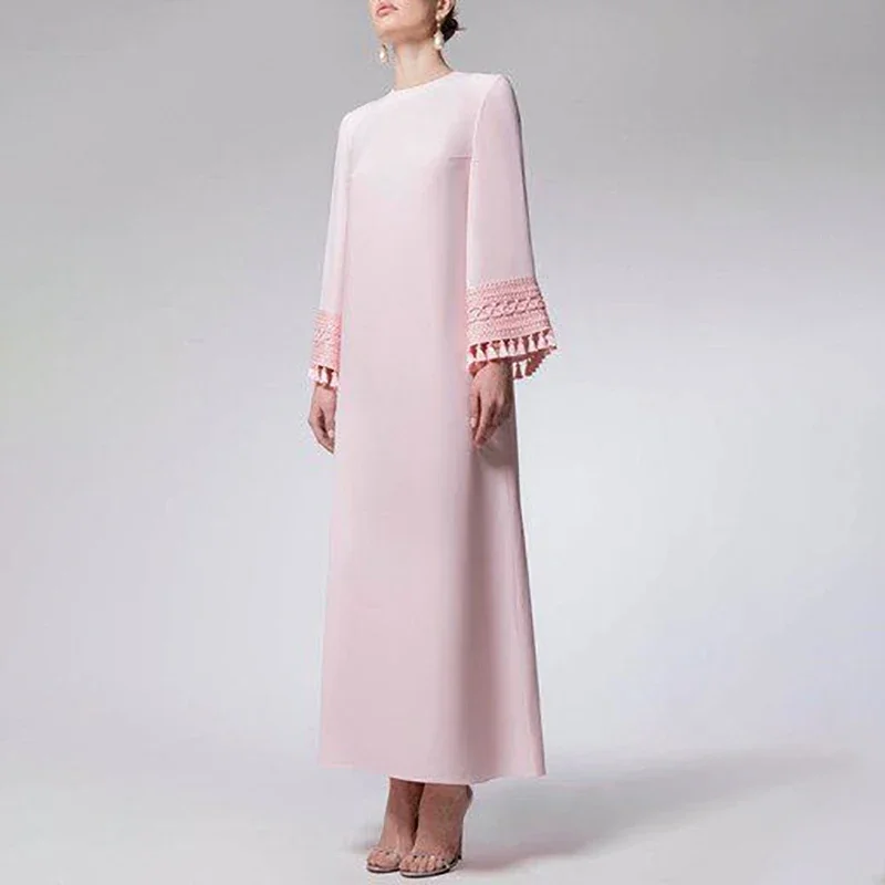 

Customized Elegant Pink Long Sleeves Evening Dresses for Women O-Neck Ankle-Length Party Wedding Special Events Ceremony Dress 2