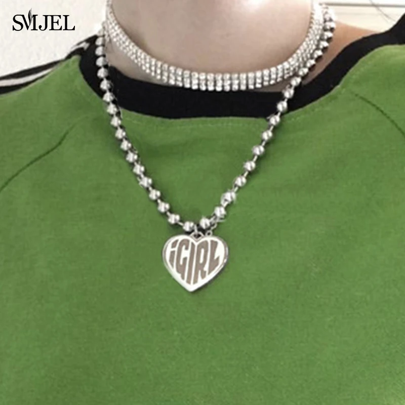 iGIRL Jewelry Fashion Igirl Letter Heart Necklaces for Women Stainless Steel Strand Chain Necklace Cool Girls Gift Punk Collier