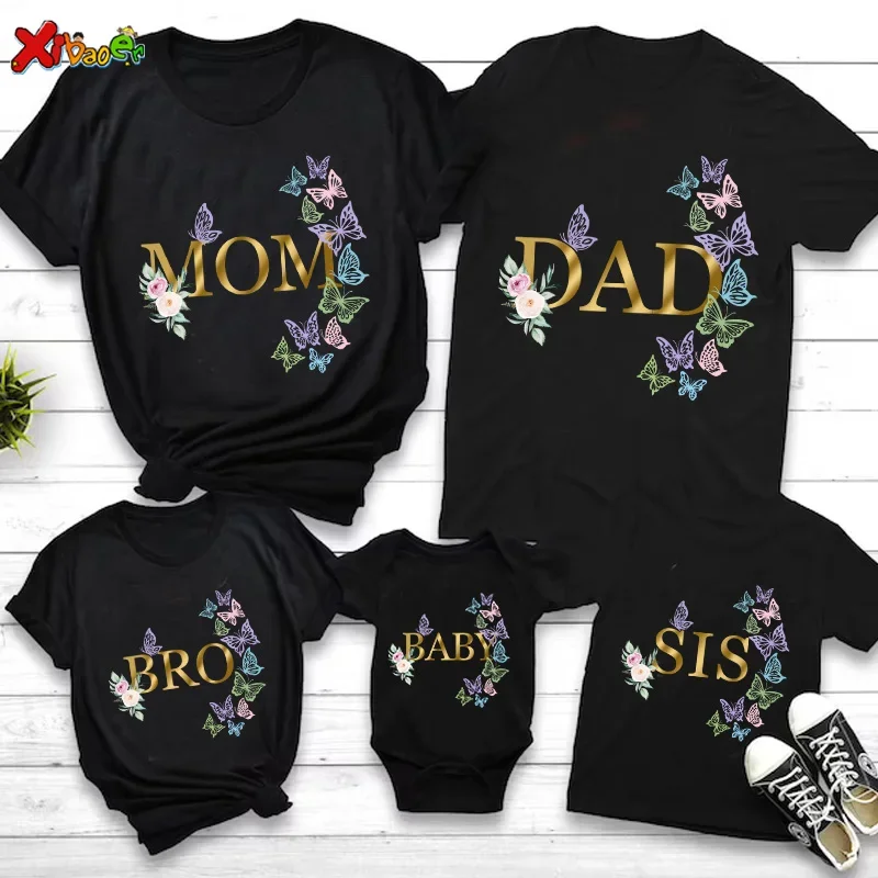 Family Matching Outfits Mom and Daughter Matching Clothes Girls Clothes Butterfly PartyBlack Clothing Familia Dad Bro T Shirts