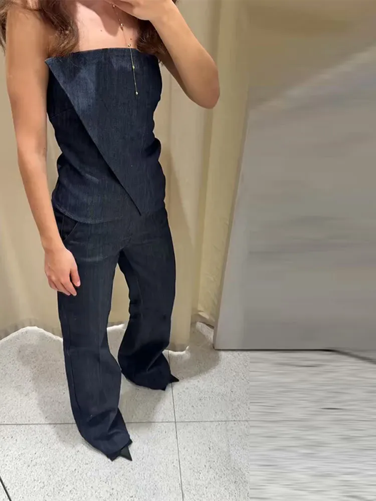 

Fashion Denim Women's Two Piece Suit Strapless Sleeveless Zipper Top Straight-leg Pants 2025 Summer Chic Female Casual Outfits
