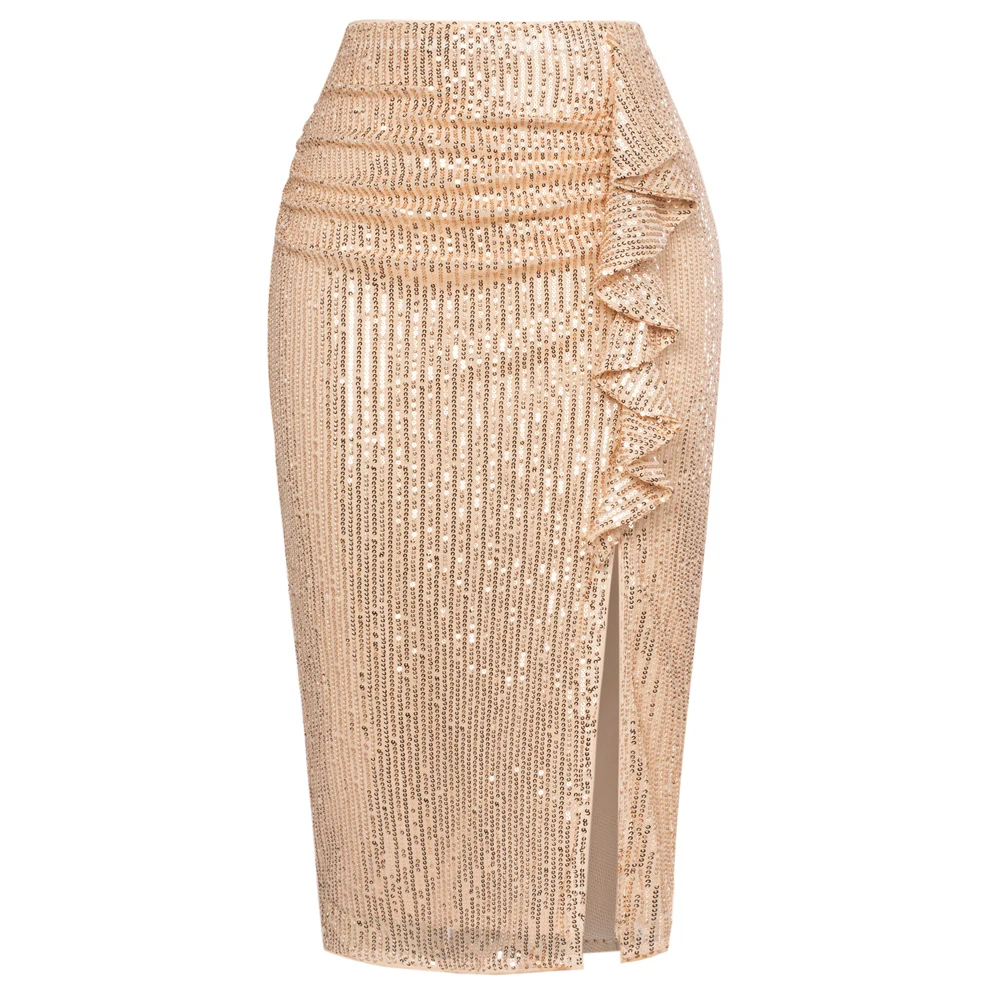 

KK Women Sexy Sequined Party Skirt High Waist Elastic Waist Front Slit Mid-Calf Cocktail Bodycon Skirt