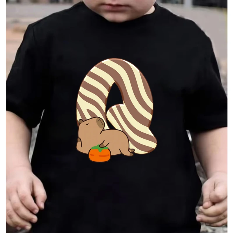 Cartoon Capybara Letter A-Z Print T-Shirt Capybara Lover Birthday Gift 26 Initials T-Shirts Girls Boys Cotton Tee Shirt Clothes