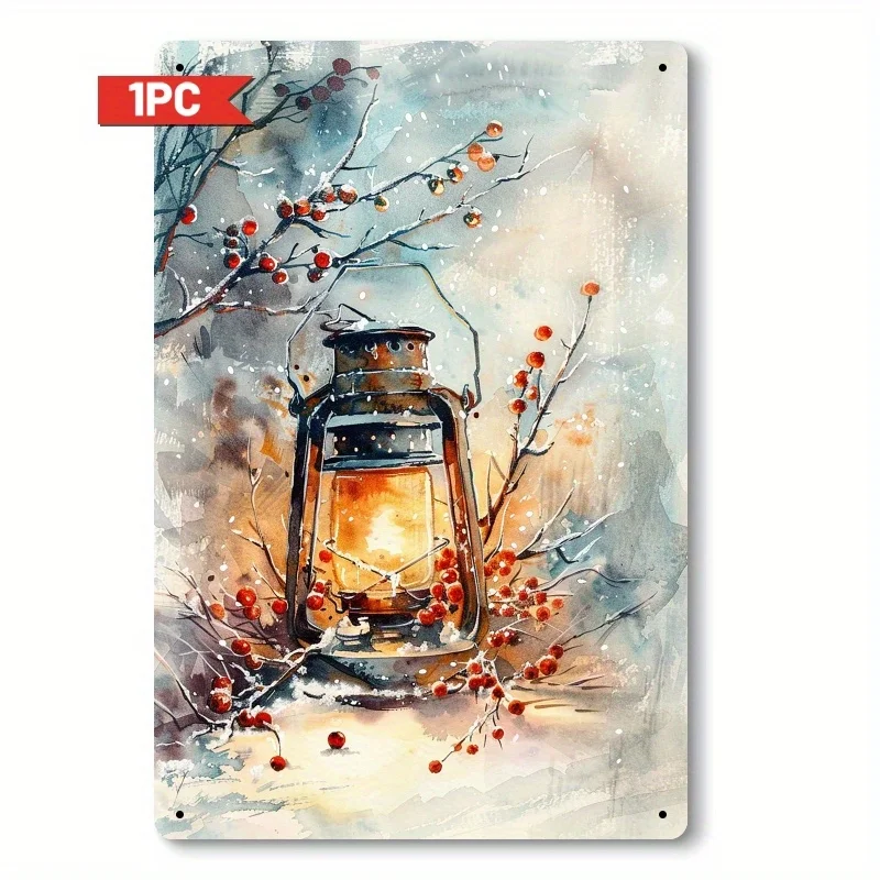 2D Flat, 1pc Rustic Winter Oil Lamp Metal Wall Art Sign – Vintage Tin Painting Featuring a Snowy Landscape And Red Berries, 2D F