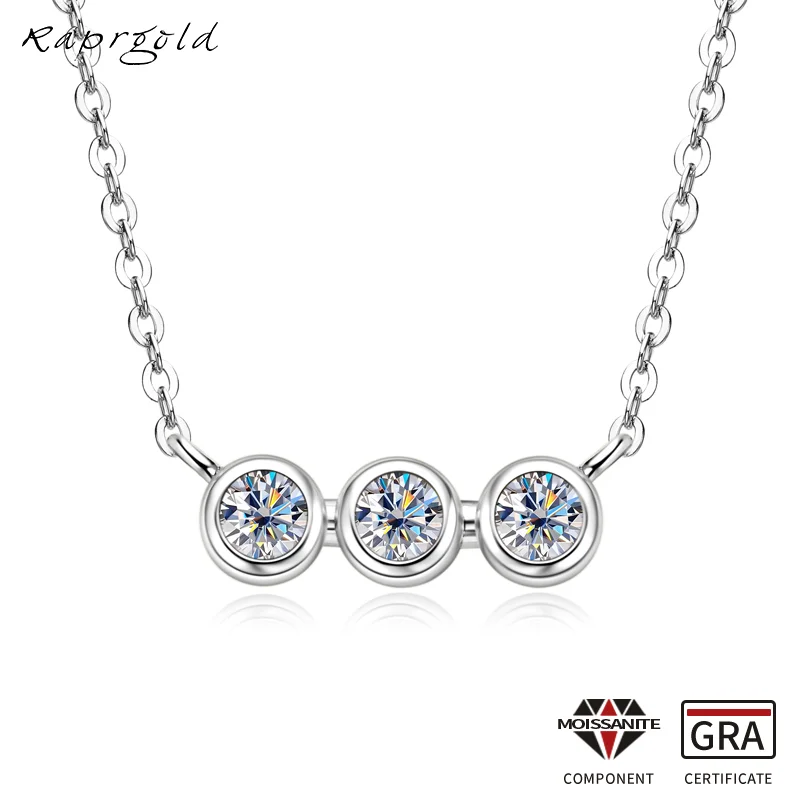 

RAPRGOLD Three Moissanite Stone Pendant Necklaces for Women S925 Sterling Silver Necklace Chain Wedding Jewelry Gifts Certified