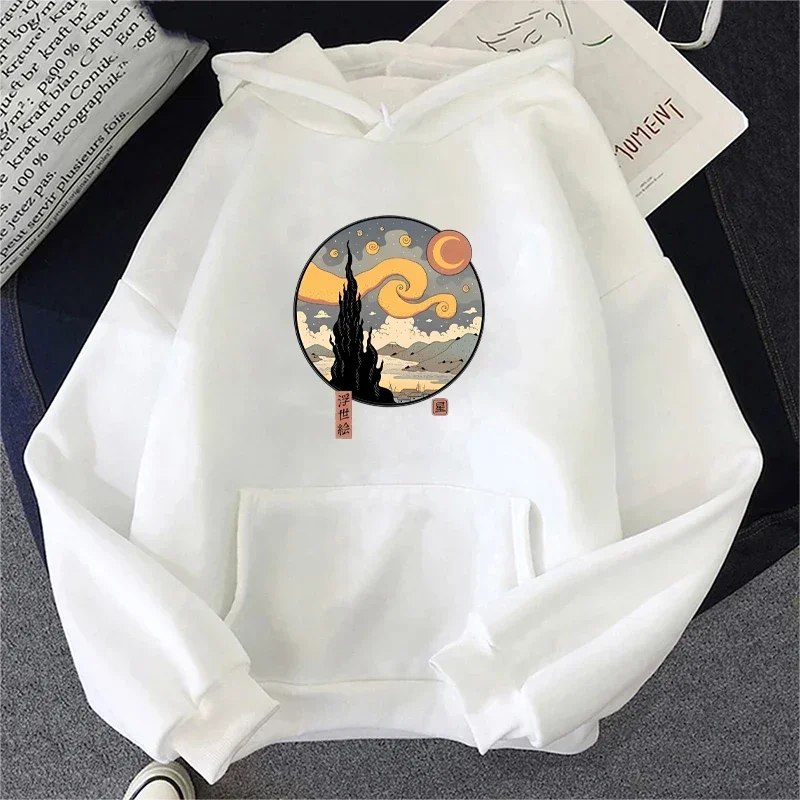 Autumn and winter fleece sweatshirt casual sweatshirt starry ukiyo-e night printed hoodie men's fashion hoodie pullover top