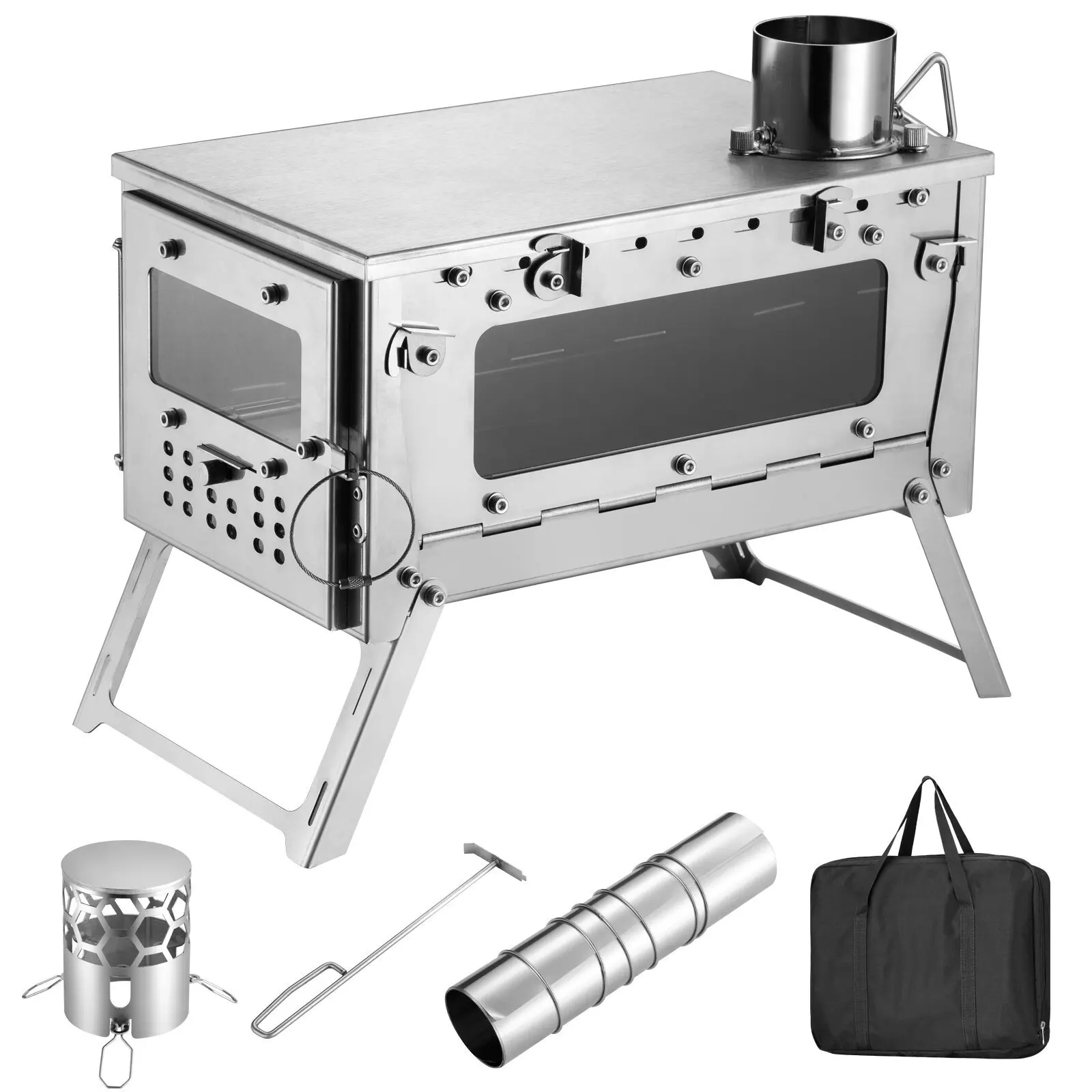 DANCHE S2 Portable Tent Stove SUS430 Foldable Wood Burning Stove Burner with 3 Glass & Chimney for Tent Camping Hiking Stove