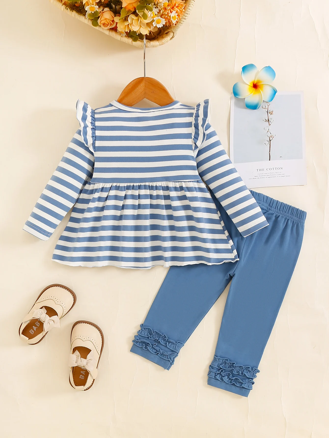Top Rated Trending Baby Girl (0-4Y) Blue Striped Ruffle Hem Top & Flare Leg Pants 2pc Set: Soft Breathable Cotton, Skin-Friendly