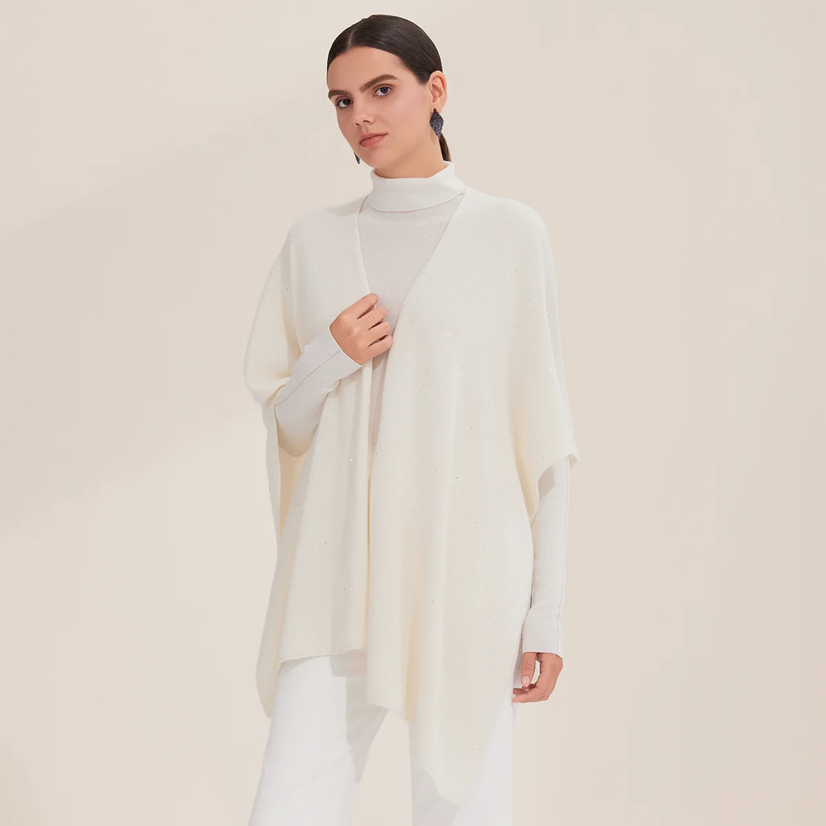 BD3521284 Cashmere Shawl 100% Knitted with Sparkle Detail Open Front Poncho Style Women's Fashion Accessory