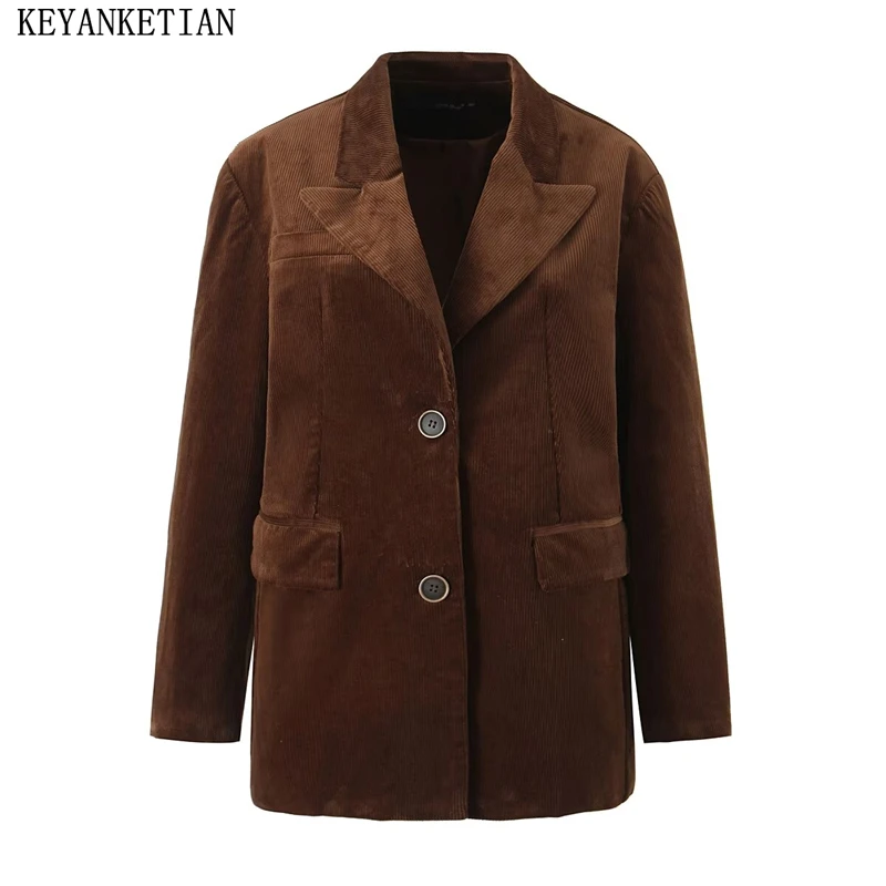 KEYANKETIAN 2024 Winter New Women's Russet Corduroy Suit Coat Retro style Single Breasted Flap Pockets Thick Straight Outerwear