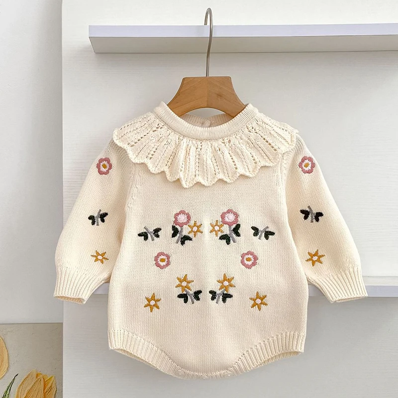 

2025 New Autumn Children Clothes Toddler Baby Girl Knitted Romper Long Sleeved Knitted Flower Embroidery Infant Baby Jumpsuit