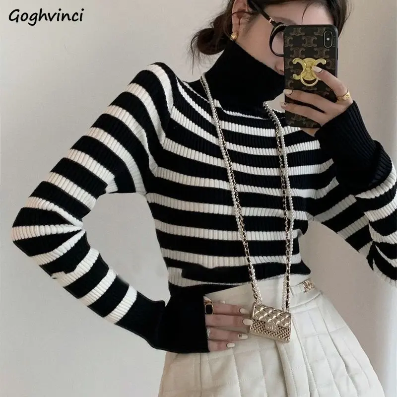 Striped Turtleneck Sweater for Women Slim Pullovers Elegant Autumn Long Sleeve Свитер Ropa Mujer Korean Fashion Knitted Clothing