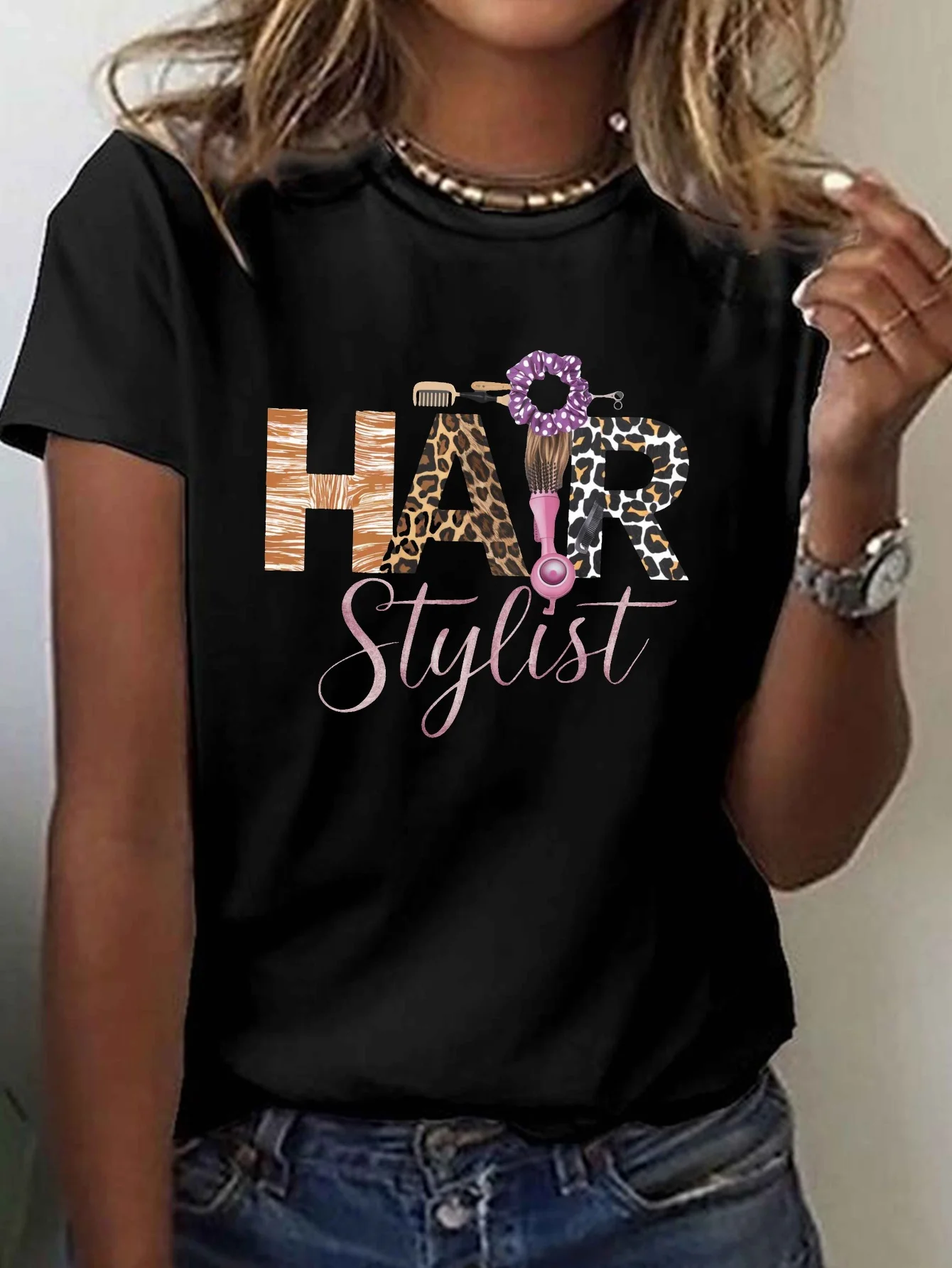 [Geometrisch |   Dier] Polyester 95% spandex 5% Casual T-shirt met ronde hals voor dames |   Geometrische dierenprint, top met korte mouwen