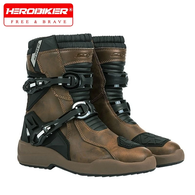 

Scoyco Enduro Motorcycle Boots Man Waterproof Motorcyclist Shoes Brown Leather Motocross Boots Anti-slip Motorcycle Accessories