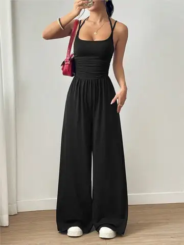 Sexy Backless Solid Jumpsuit Lady Fashion Sleeveless Spaghetti Strap V Neck High Waist Wide Leg Pants For Women Casual Holiday
