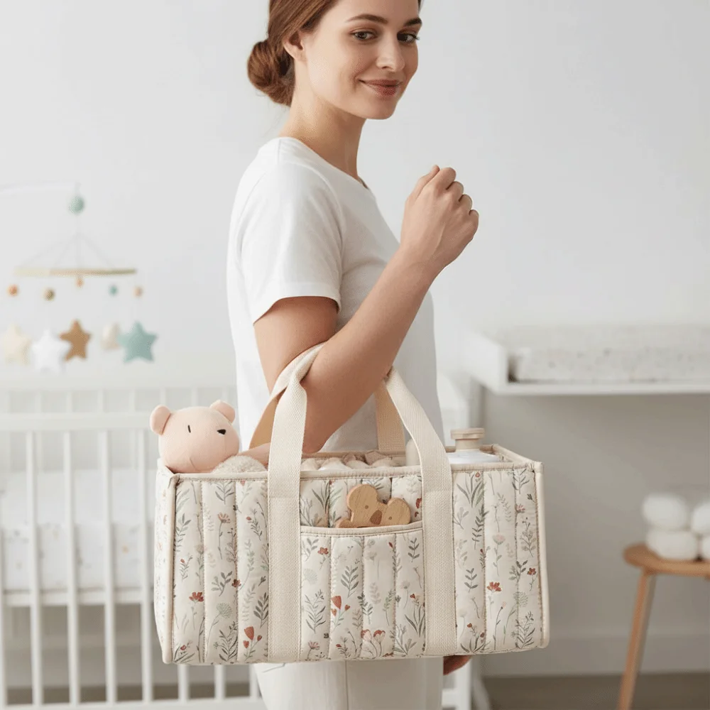 Large Capacity Baby Diaper Organizer Floral Beige Multifunctional Nursery Storage Basket Multi-Pocket Portable