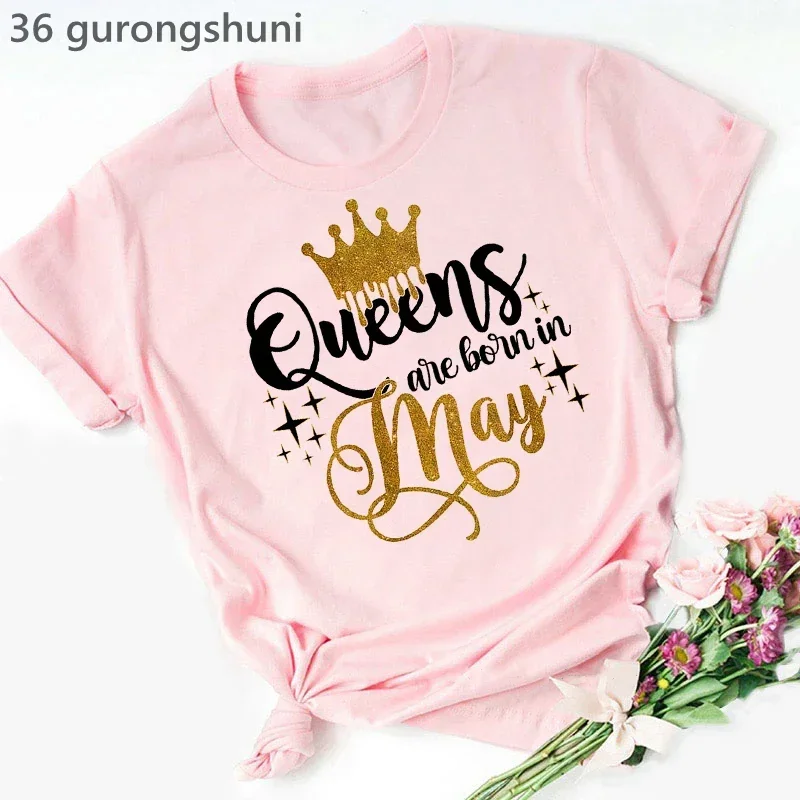 Birthday Gift Tshirt Women Golden Queen Are Born In May Graphic Print Tshirt Girls Black/White/Pink/Green/Yellow/Gray T Shirt