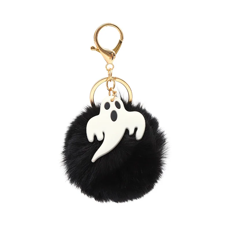 Halloween Black Plush Ball Keychain Spider Web Pirate Ship Key Ring Fluffy Pom Pom Bag Charm Gothic Backpack Accessories Gifts view 4