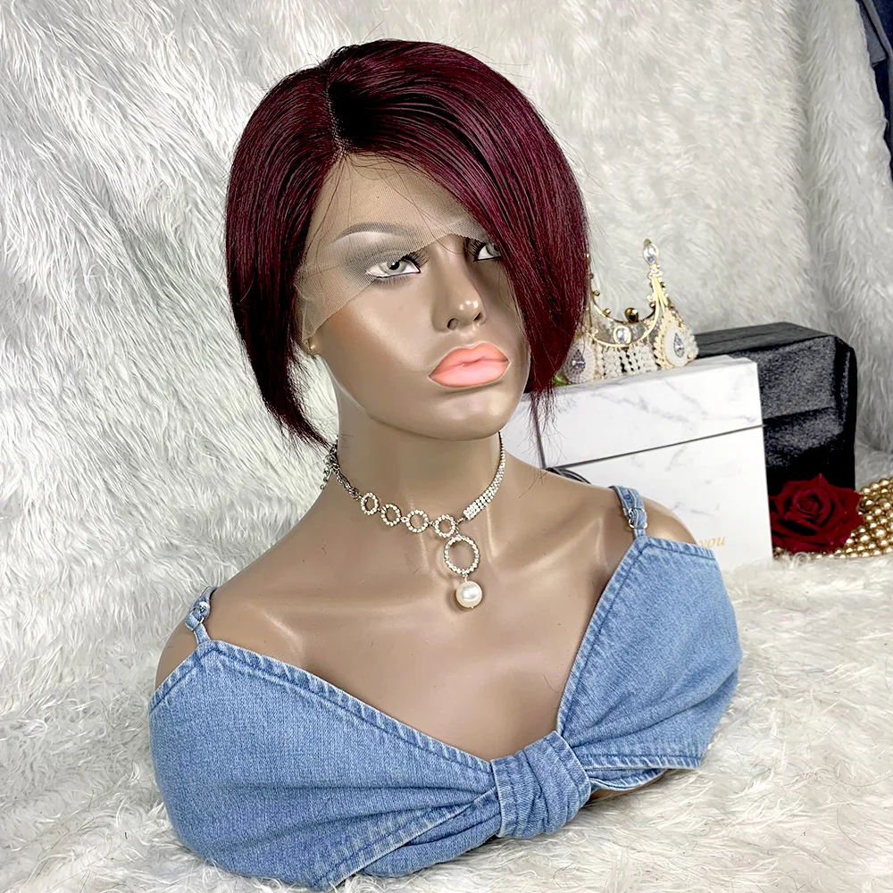 99J バーガンディ ピクシーカット レースフロントウィッグ 人毛 13x4x1 パート レースウィッグ ブラジル産 ショートストレート人毛ウィッグ 黒人女性向け