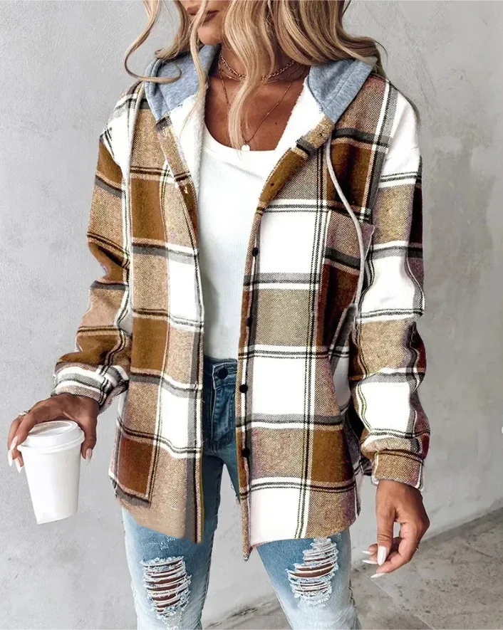 New Autumn and Winter Women's Plaid Jacket Hooded Fashion Button Cardigan Top Pocket Casual Street Versatile Jacket