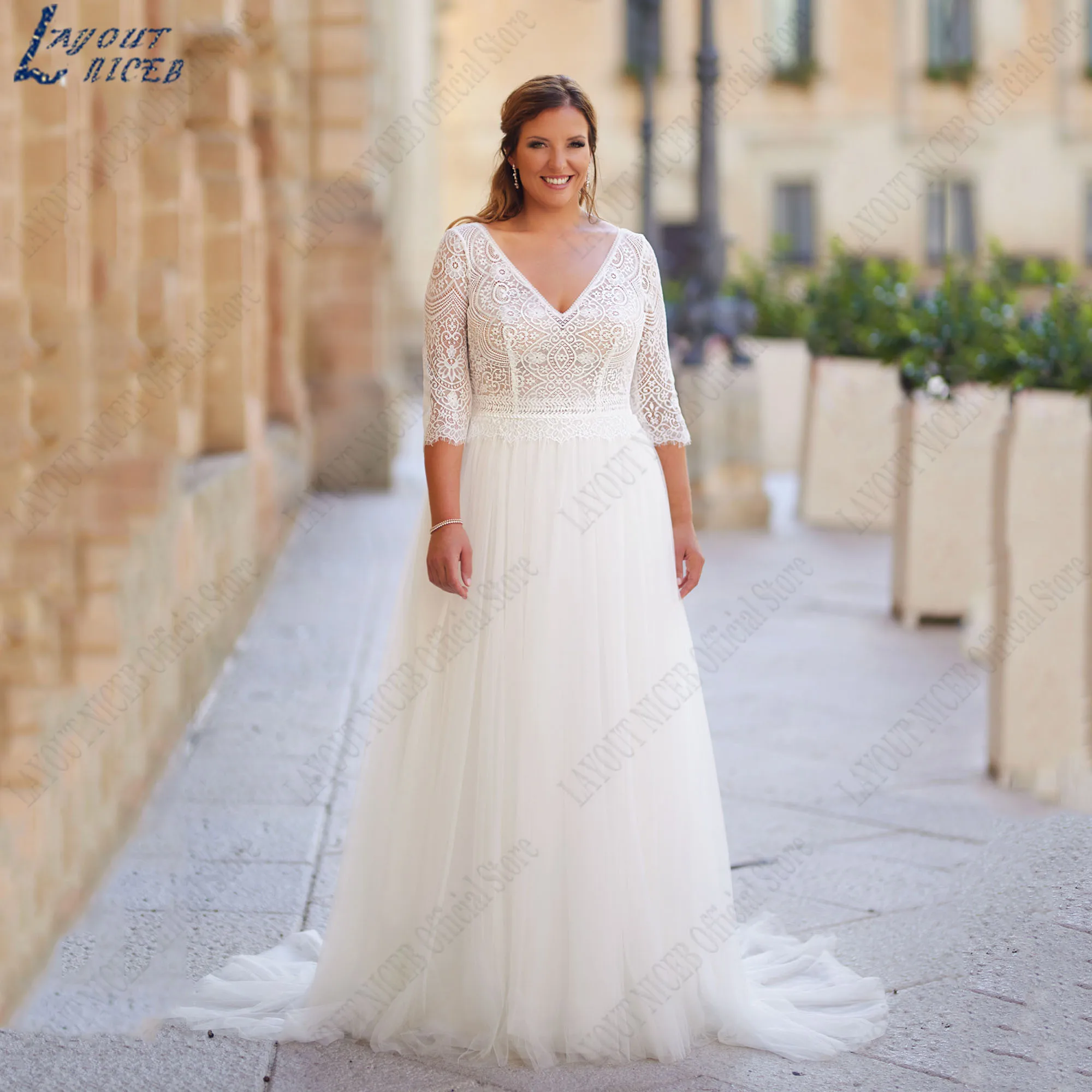 LAYOUT NICEB Plus Size Wedding Dress Woman 3/4 Sleeves Appliques V-Neck Simple Robe De Mariée A-Line Backless Tulle Bridal Gowns