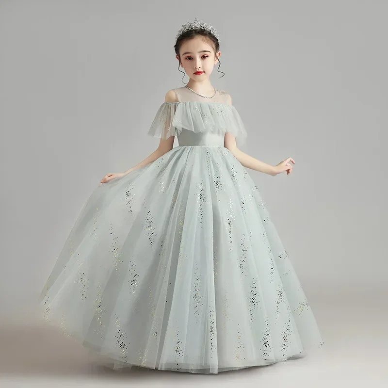 

Children's Dress 2024 Spring New Fluffy Yarn Flower Children's Fashionable Little Girl Host Walk Show Performance Dress