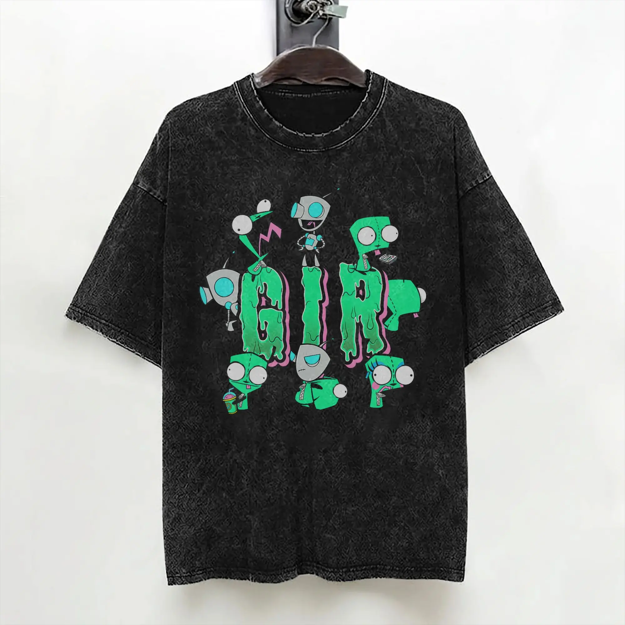 Cartoon Invaders Zim Gir Washed T Shirts Streetwear Vintage T-Shirt  Tees Tops Men Women Short Sleeve Harajuku Graphic