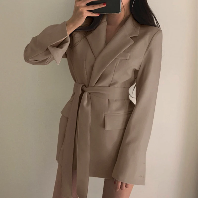 Fashion Slim Fit Lace Up Blazers Women Turn Down Collar Long Blazers Woman Solid Color Long Sleeve Suits Jackets Ladies