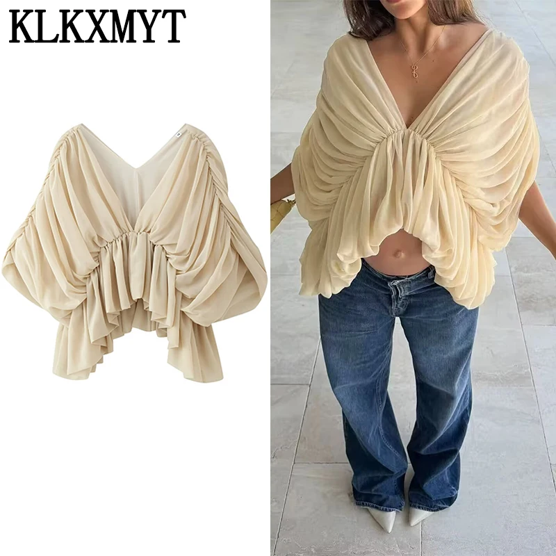 KLKXMYT Blouse Élégante Plissée en Cascade Asymétrique pour Femme, Coupe Ample Chic, Manches Chauve-Souris, Col en V, Nouveauté Été 2026 ﻿