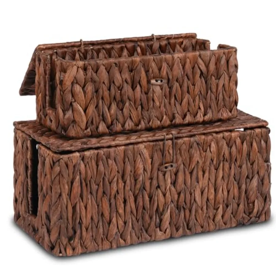 2 Pack Hand-Woven Cable Management Boxes Water Hyacinth Cord Organizer Box with Lid 2 Open Slots Cable Organizer Basket to Hide