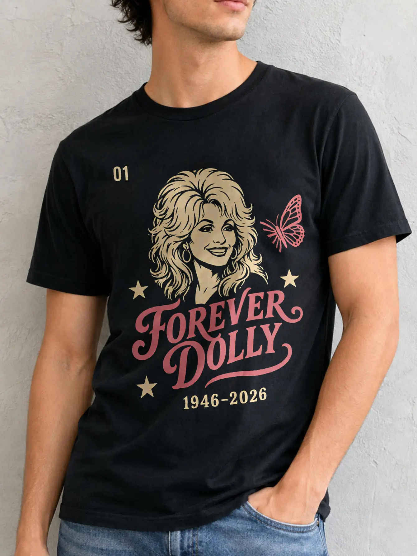 2026 Summer Men's Round Neck Short Sleeve T-Shirt Front and Back Print Dolly Portrait Butterfly Graphic Text Star Motif Retro Y2k Casual Streetwear Aesthetic