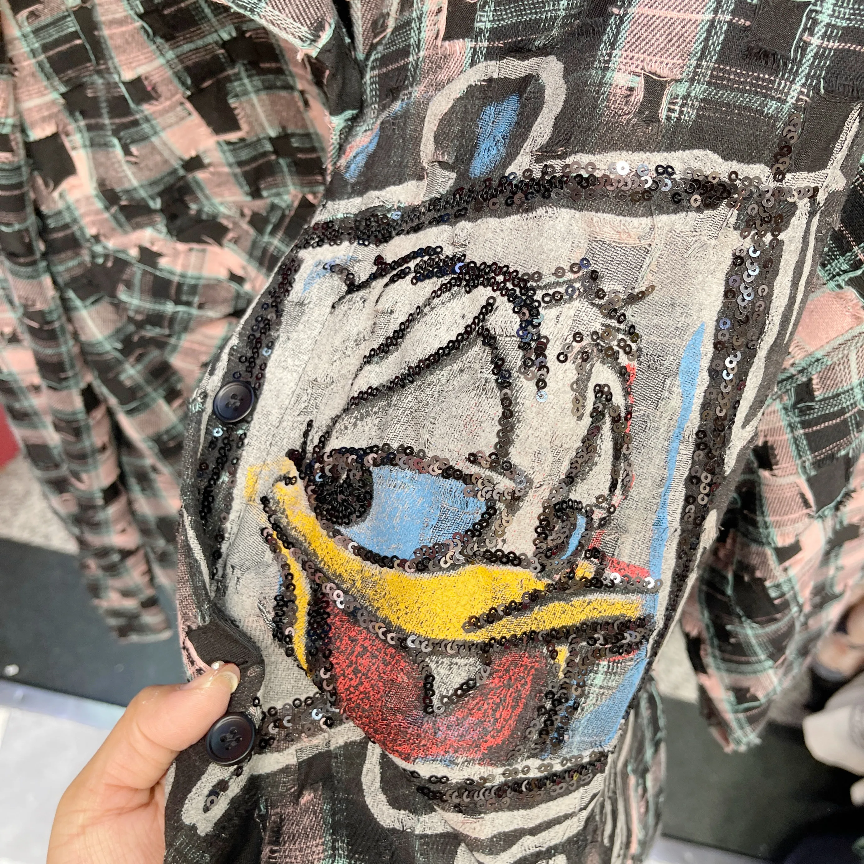 European Goods Casual Shirt top 2025 Spring New Loose Medium Length Plaid Cartoon Print Top Sequins Long-sleeved Shirt Women